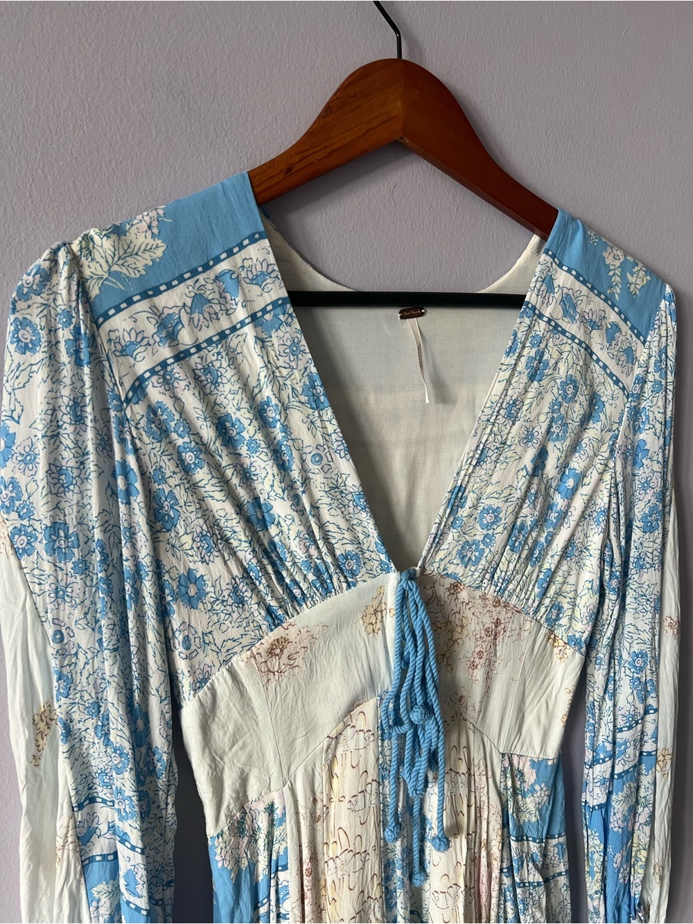 Free People Blue and Cream Floral Long Sleeve Mini Dress - Picture 2 of 9
